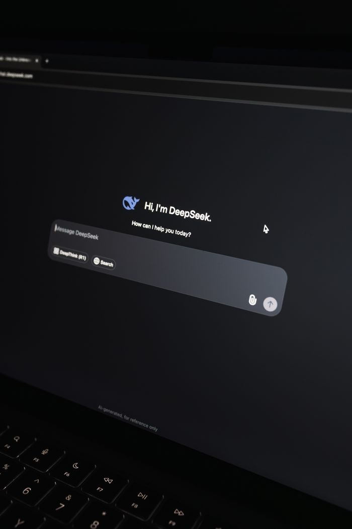 our-story Close-up of an AI chat interface on a laptop screen in a dark setting.